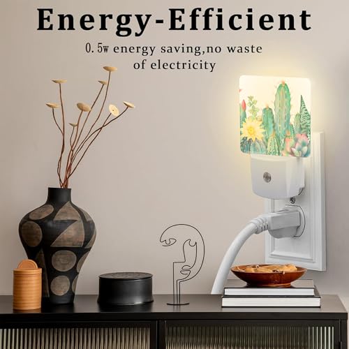 Image of Cactus and Succulents Night Light Plug into Wall, Watercolor Botanical Floral Dusk to Dawn Night Light Plug in,0.5w Energy Saving Sleep Friendly NightLight for Kids Boys Girls Home Decor