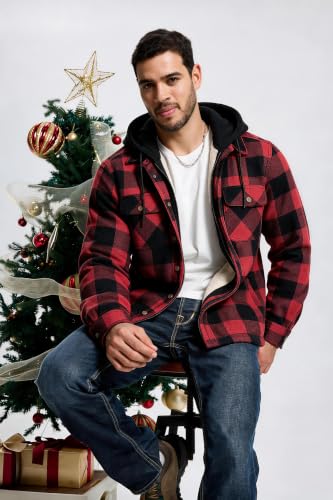 Image of TanBridge Men's Cotton Plaid Shirts Jacket Full Zip Fleece Flannel Sherpa Lined Hoodies Heavyweight Hoodies Jacket for Men
