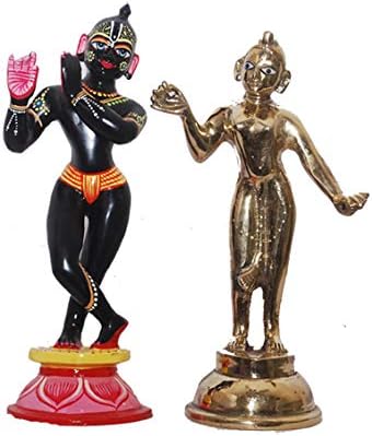 Brass Radha & Krishna Idol (6 inch, Black Krishna and Golden Radha)