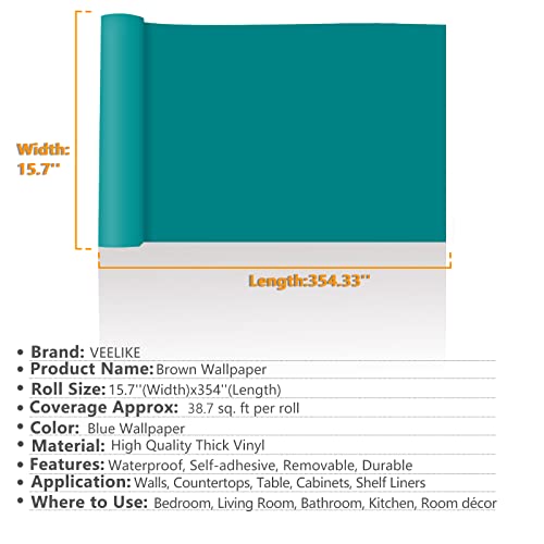 Veelike Turquoise Blue Wallpaper Solid Color Blue Peel And Stick Wallpaper 15.7''X354'' Matte Blue Contact Paper Self Adhesive Waterproof Removable Vinyl Rolls For Walls Cabinets Drawer Shelves Desk #TOP1