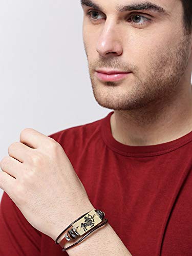 Image of Young & Forever Zodiac Sign Multi-Strand Genuine Leather Bracelet for Men & Boys - Adjustable Tribal Wristband with Antique Metal Charm