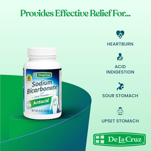 De La Cruz Pure Sodium Bicarbonate - USP Grade Bicarbonate of Soda Pure Baking Soda Aluminum Free Antacid Powder for Heartburn & Indigestion - 8 OZ.