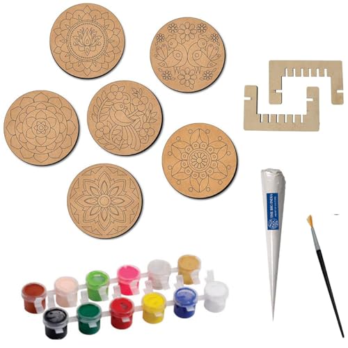 Image of Mandala Tea Coaster Kit | Lippan Art Coaster | Set of 6 with 12 Colors, 1 Brush & 1 Mouldit Clay Cone |DIY Painting Craft Kit for Adults & Kids