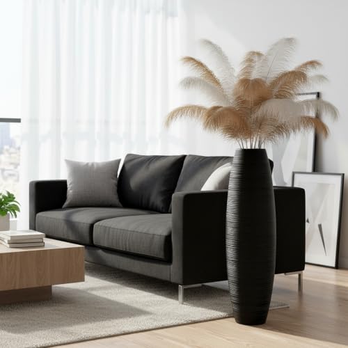 Image of Large Floor Vase 35.4 inch Matte Black, Resin Wide-Body Vase with Horizontal Ribbed Texture for Dried Pampas Grass Branches, Modern Home Decor for Living Room Corner Entryway