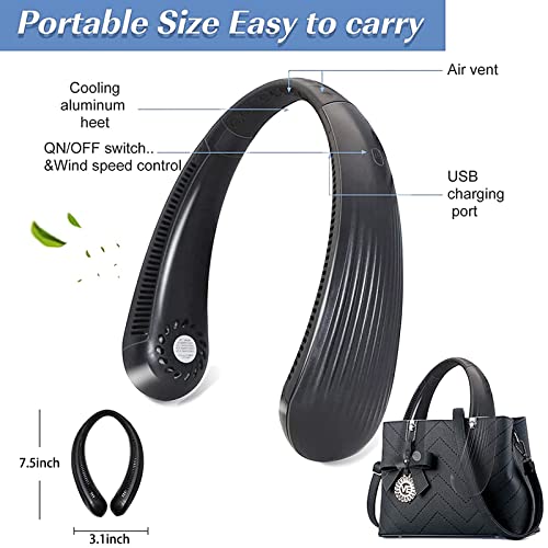 Image of Portable Hanging Neck Fan, Personal Wearable Bladeless Neck Fan, 3 Speeds USB Rechargeable Fan, 360 Cooling, Low Noise, for Travel, Indoor & Outdoor (Black)