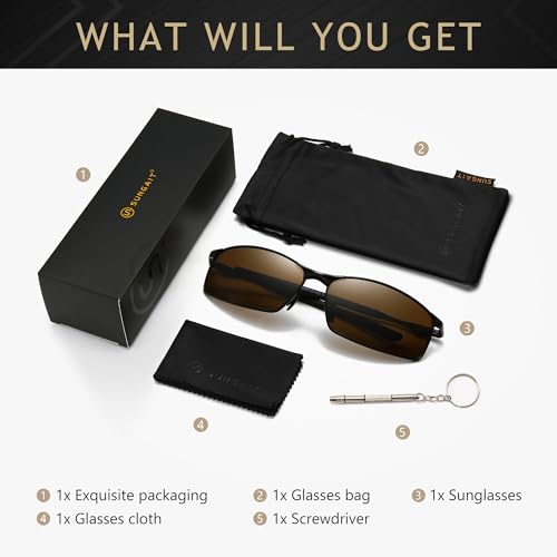 Image of SUNGAIT Ultra-Lightweight Polarized Sunglasses Men for Driving Fishing Golf, Rectangular Metal Frame with Spring Hinge