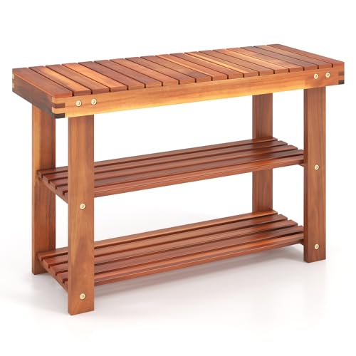 Tangkula Acacia Wood Shoe Rack Bench, 3 Tier Sturdy Storage Organizer, Holds up to 180lbs for Entryway Bedroom Living Room Balcony, Teak Color (27.5-inch)