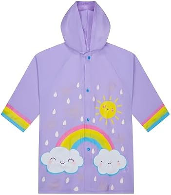 Kids Waterproof Rain Slicker Jacket – Purple Rainbow & Sunshine Design, Hooded with Snap Closure, Li...
