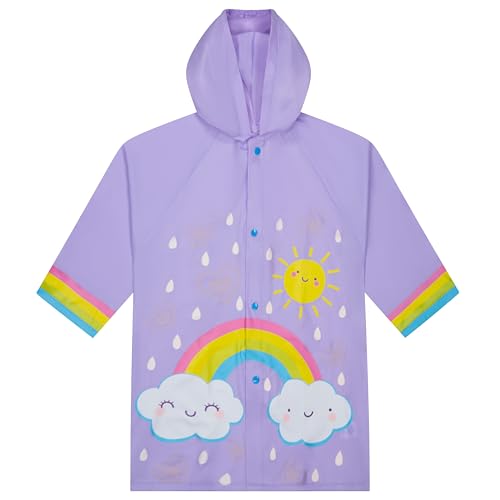 Puddle Play Kids Waterproof Rain Slicker Jacket, Purple Rainbow & Sunshine Design, Hooded with Snap Closure – Lightweight Raincoat for Girls, Size 6-7 years