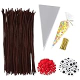 400 Braun Pfeifenputzer + 100 Cellophantüten Bastelset – Selbstklebende Wackelaugen & Pompons zum Basteln, Komplettes DIY Handwerkset zur Herstellung von Festtags- oder Alltagsbasteln (Braun-B)
