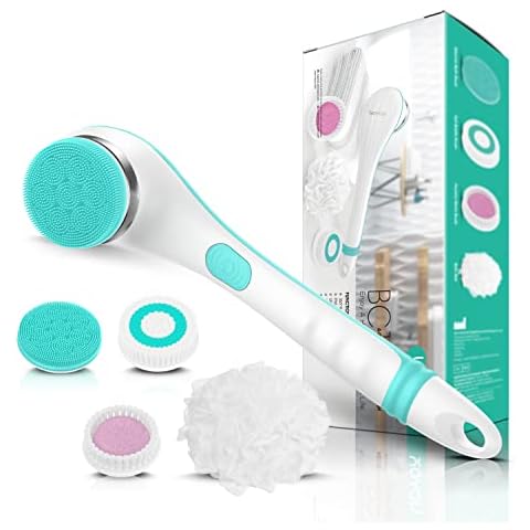 VOYOR Electric body brush back scrubber body exfoliator shower brush with long handle Rechargeable USB Charging Deep Cleansing Set Exfoliating Scrubber Soft Silicone Waterproof bath brush BC100 (Blue) Cover