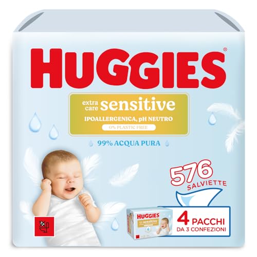 Huggies Extra Care Sensitive, Salviette neonato per pelli sensibili, 99% Acqua pura, 100% Plastic-free, Senza parabeni e alcool, 576 Pz (4 Pacchi da 3 Confezioni)