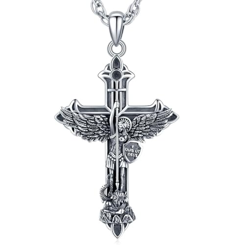 Aniu S925 Sterling Silver St Michael/St Christopher/St Benedict/Saint Jude/Jesus Crucifix/St Uriel/Archangel Raphael/St Patrick/Saint Andrew/Saint Florian Necklace for Men Women Protection Amulet Pendant Catholic Medallions Jewelry with Gift Box