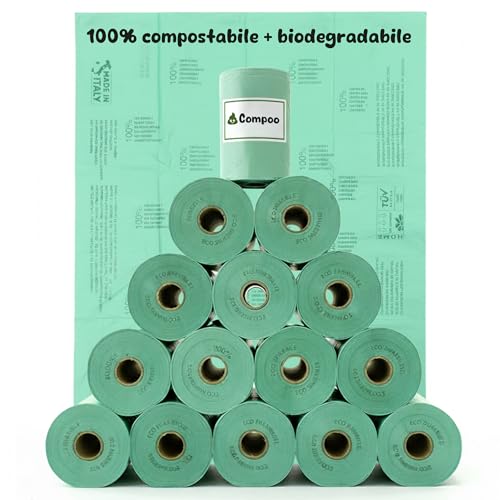 Lavatelli - 300 Sacchetti Cane Cacca 100% Compostabili e Biodegradabili COMPOO, 15 Rotoli da 20 unità, Sacchetti Igienici 21,5 x 29 cm, Antiforatura, Made in Italy, Naturali origine vegetale, Verde