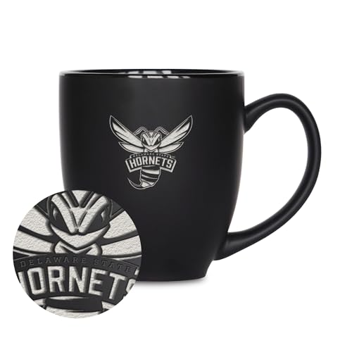 Rico Industries NCAA Delaware State Hornets 15oz Laser Engraved Matte Black Ceramic Bistro Mug - for Hot or Cold Drinks