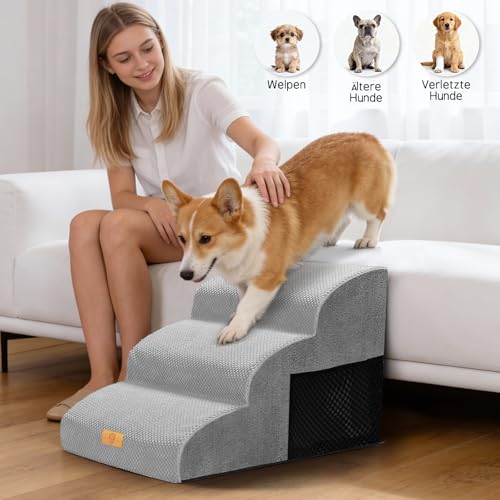 Thihome Hundetreppe für Kleine Hunde 3-Stufig, rutschfeste Haustiertreppe 40cm Hoch, Tragbar Hunderampe für Bett und Sofa, Treppe für Hunde mit Waschbarem Bezug und Rutschfestem Boden, Grau
