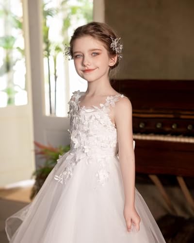 Flower Girl Dress with Bow 3D Floral Applique Spaghetti Strap First Communion Dress Ankle Length Ruffle Tulle Ball Gown3