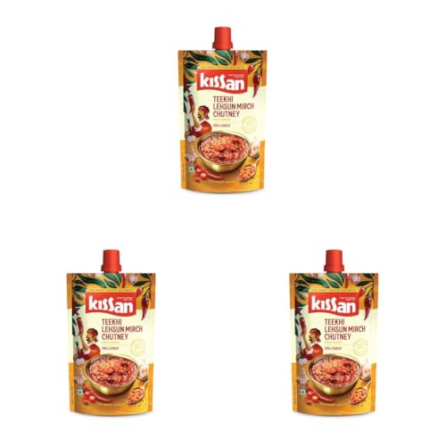 Image of Kissan Teekhi Lehsun Mirch Chutney, Chilli Garlic Chutney, 200g, For Traditional Rajasthani Flavors, With Mathania Red Chilli & Fresh Whole Garlic, Silbatta Like Texture, Ready To Eat (Pack of 3)