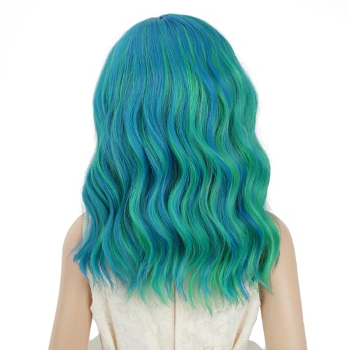 Image of PATTNIUM Blue Mixed Green Wigs for Kids Girls Short Curly Wavy Wigs Side Part Shoulder Length Heat Resistant Synthetic Wig Halloween Cosplay Costume Party Wigs