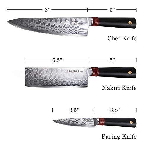Tuo Damascus Kitchen Knife Set 3 Piece, 8" Chef Knife, 6.5" Nakiri Knife And 3.5" Paring Knife, Japanese Aus-10 High Carbon Stainless Steel, Full Tang G10 Handle - Gift Box - Ring-D Series #TOP3