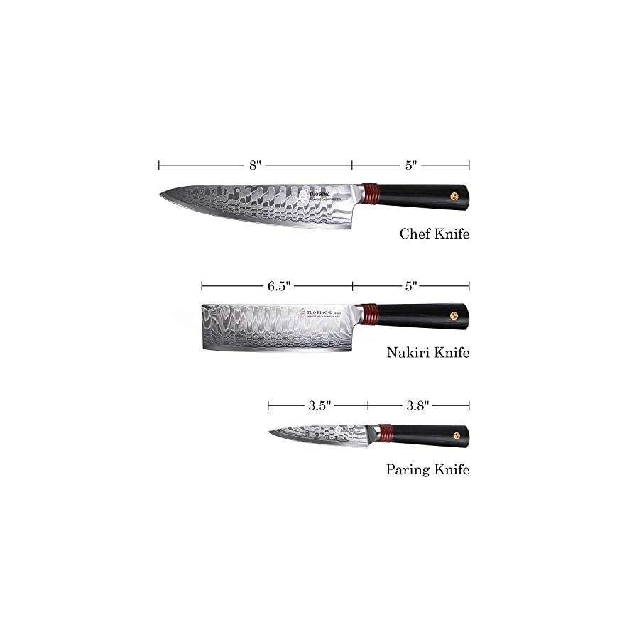 TUO-Damascus-Kitchen-Knife-Set-3-Piece-8-Chef-Knife-65-Nakiri-Knife-and-35-Paring-Knife-Japanese-AUS-10-High-Carbon-Stainless-Steel-Full-Tang-G10-Handle-Gift-Box-Ring-D-Series TUO Damascus Kitchen Knife Set 3 Piece, 8" Chef Knife, 6.5" Nakiri Knife and 3.5" Paring Knife, Japanese AUS-10 High Carbon Stainless Steel, Full Tang G10 Handle - Gift Box - Ring-D Series