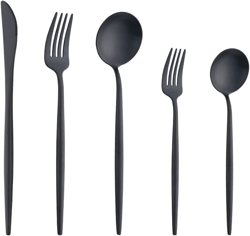 Meisha 20-Piece Silverware Set Service for 4, Stainless Steel Flatware Set, Matte Black Satin Polished Kitchen Utensil Set, Durable Tableware Cutlery Set, Include Fork Knife Spoon Set, Dishwasher Safe