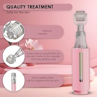 Derma roller with Reservoir for Lips, Skin, Hair, Wrinkles, Stretch Marks, Hyperpigmentation INSTANT SERUM APPLICATION, 105 Titanium Needles 0.25 mm