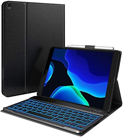 iPad 9th Generation Case with Keyboard, Slim Leather Folio Smart Cover for iPad 2021 9th & 8th & 7th & Air 3rd Gen 7 Color Backlit Keyboard with Pencil Holder, iPad 10.2 2021 & Air 10.5 Compatible