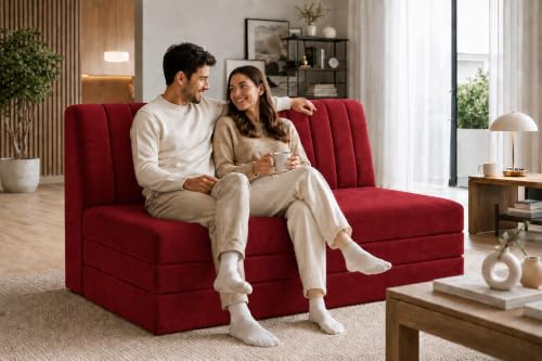 Image of Three Seater Sofa Bed, Velvet Fabric Foldable Sofa Cum Bed with Soft Foam Cushioning, Convertible Floor Couch for Living Room, Guest Room & Home Use (Red, Pre-Assembled)