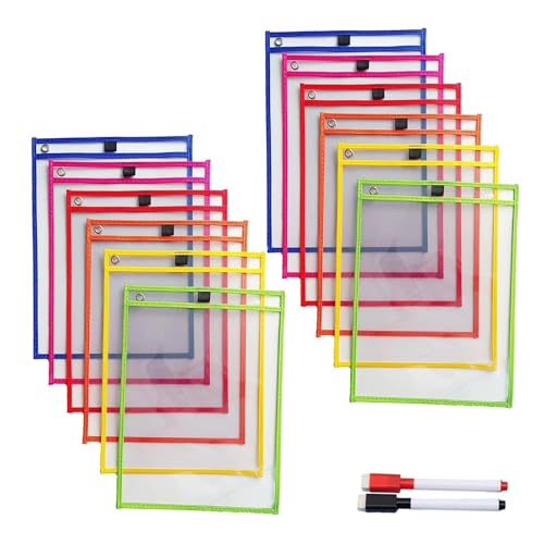 LNSYSNS 12 Stück Dry Erase Taschen, 35,5 × 25,5 cm Abwischbare Durchsichtige Hüllen, Wiederverwendbar Lern und Sammeltaschen für Lehrer Zubehör, mit 2 Stift, für Schulen und Büros