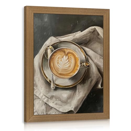 PORENY Wood Framed Coffee Wall Art, Espresso Latte Art Canvas Print, Modern Minimalist Coffee Bar Decor, Neutral Cafe Kitchen Artwork for Coffee Lover Dining Room Restaurant Office 8x10 Inch