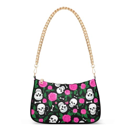 Skulls with Roses Shoulder Bag for Women, Handbag with Chain Strap, Soft Purse Tote Bag for Ladies