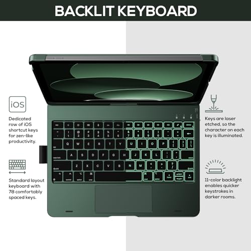 Image of typecase Touch iPad 11th 10th Generation Case with Keyboard (11 inch 2025, A16 & 10.9 inch 2022) - 360 Rotatable, 11-Color Backlit, Multi-Touch Trackpad, Pencil Holder, Thin & Light - Midnight Green