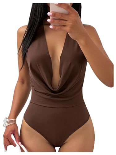 Milumia Womens Cowl Neck Bodysuit Sexy Ruched Sleeveless Party Deep Cut Halter Bodysuit Coffee Brown Large