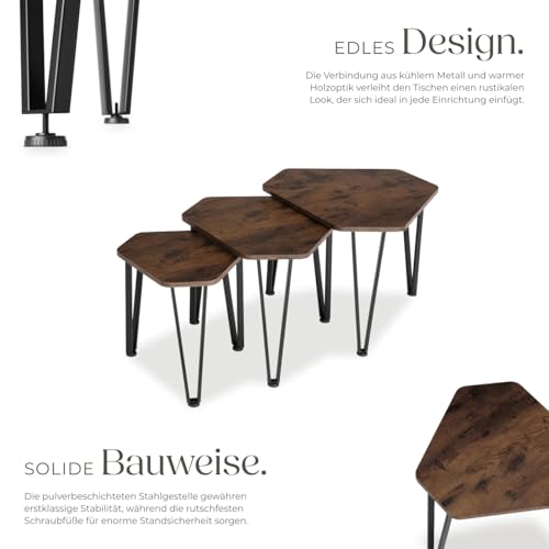 tectake® 3er Set Beistelltisch, sechseckiger Couchtisch in 3 Größen, Möbel für Sofa, Couch, Deko Wohnzimmer, als Blumenständer oder Schlafzimmer Nachttisch - Industrial Dunkelbraun – Bild 6