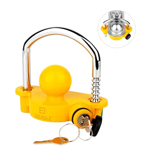 DEEAGLE Trailer Lock, Trailer Hitch Lock, Hitch Lock, Ball Hitch Lock, Trailer Coupler Lock, Universal Size Fits 1-7/8”, 2”, and 2-5/16” Couplers, Adjustable Heavy Duty Steel, 2 Keys, Yellow