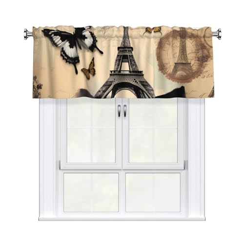 Cortina corta con cenefa de 137 x 45,7 cm, diseño de la Torre Eiffel de HJFCZH París, estampado de mariposas, filtro de luz solar, para sala de estar, cocina, estudio