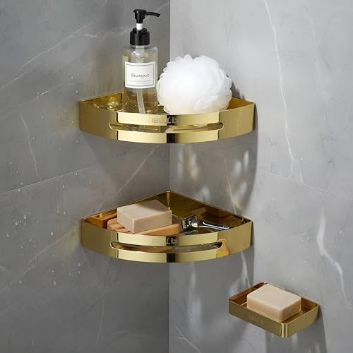 Image of IBELL Stainless Steel Bathroom Corner Shelf Set | 2-Tier Wall Mounted Shelves with Soap Holder | Space-Saving Storage Organizer for Bathroom & Kitchen