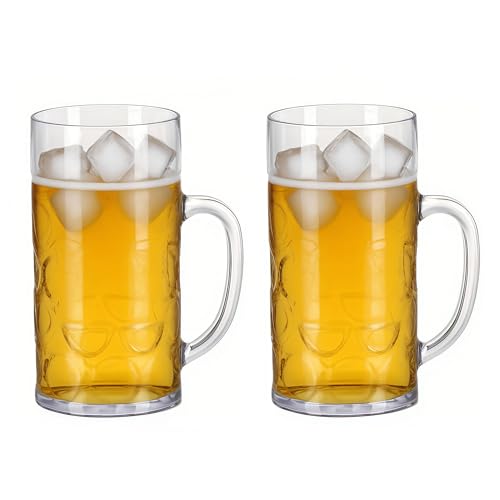 Plastic Pint Glasses Set of 2, 1L Large Beer Mugs with Handles, Reusable Drinking Glasses Beer Stein for Club, Bar & Party