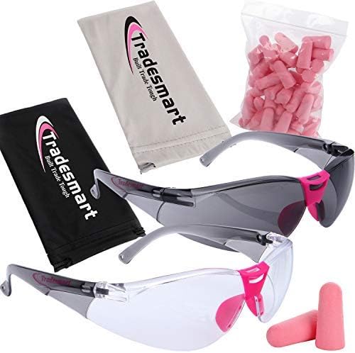 TRADESMART 2 x Womens Safety Glasses Pink with 25PK Earplugs - UV400 , Anti Fog & Scratch Resistant - Clear & Tinted