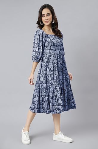 Image of Janasya Women's Cotton Floral Print Flared Dress