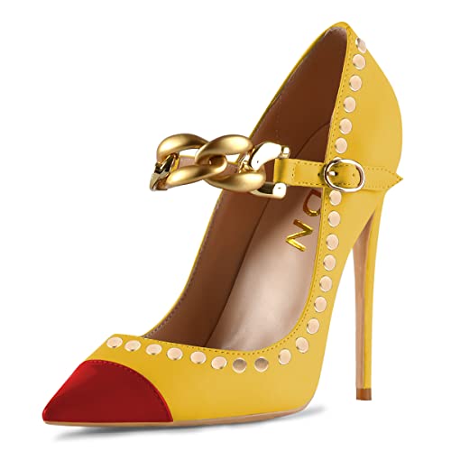 Ydn Women Patchwork Studded Pointed Toe Pumps Chain Strap Stiletto High Heels Dressy Patry Evening Shoes Size 8 Red Yellow Rivet #TOP28