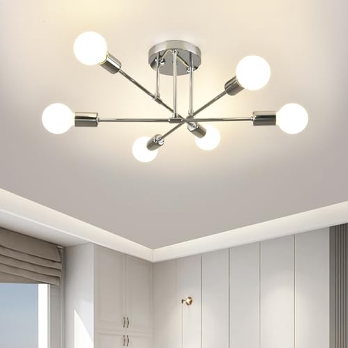 ZYDTRIP Sputnik Chandelier Light Fixture - Adjustable Silver Ceiling Light With E27 Base for Living Room Bedroom, Kitchen, 6 Lights