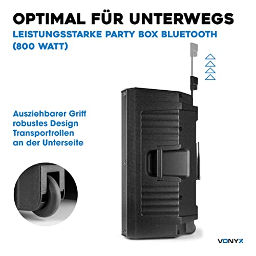 Vonyx VSA500 Partybox 800W Mobile PA Anlage Komplettset, Bluetooth Lautsprecher groß mit Akku, inklusive 2 drahtlosen Mikrofonen, Mobiler Lautsprecher, Box mit Mikrofon, Vereine, Karaoke, Events – Bild 6