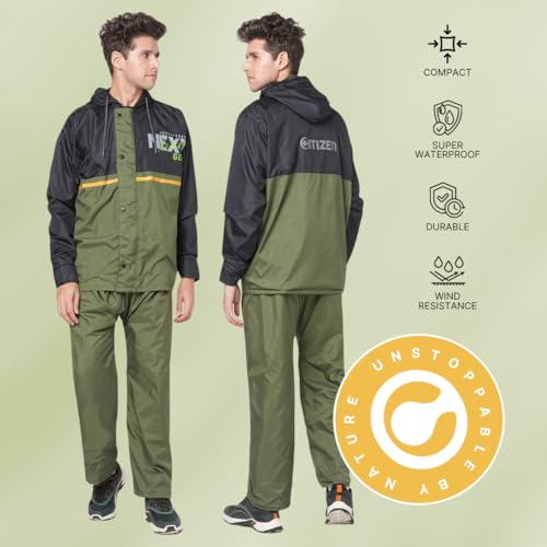 Image of Citizen Hooded Raincoat for Men Women Waterproof for Bike Riders 180T Micro Fabric Lightweight Stylish Sealed Hood, Large Pockets, Heavy-Duty Zippers Rainwear with Carry Pouch-CR012