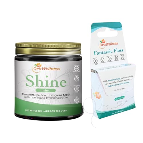 OraWellness Shine Mint Remineralizing Tooth Whitening Powder + Fantastic Floss Waxed Dental Floss with Hydroxyapatite for Tooth & Gum Repair