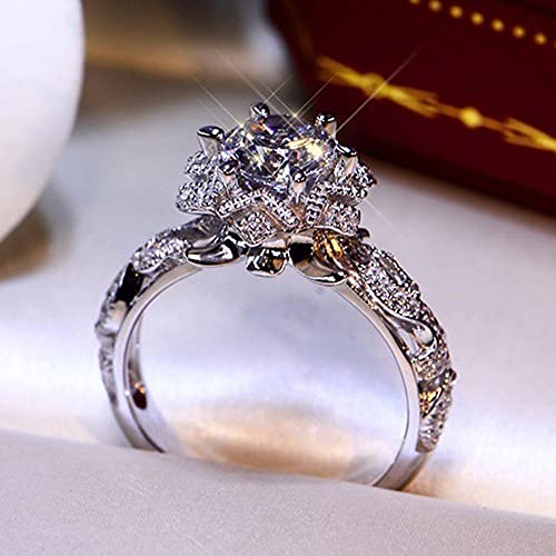 925 Sterling Silver Shiny Full Diamond Ring Cubic Zirconia Flower Ring CZ Diamond Ring Personality Ring for Women Luxury and Delicate Female Style Wedding Engagement Princess Ring Jewelry (US Code 10)3