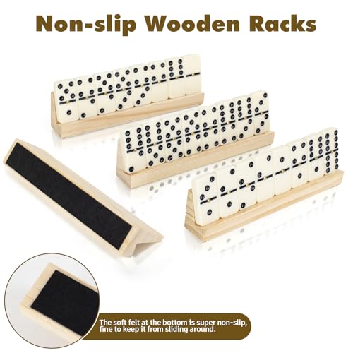 LOVITERRA Double 6 Dominos Set für Erwachsene, langlebige 28 Spielsteine mit 4 Holzständern und Tragetasche, klassische Brettspiele, tragbares Reisespiel