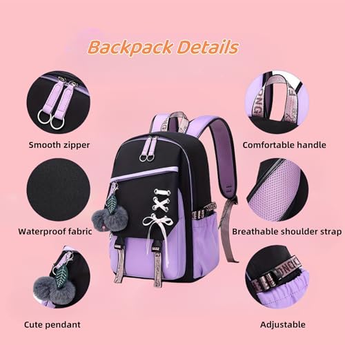 School Backpack for Girls Color-block School Bag with Lunch Box Pencil Case Set 3PCS Girls Backpack for School Kids Bookbag4