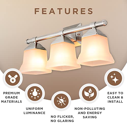 Image of Diodesy- 20-Inch Bathroom Vanity Square Bell Sconce 3-Light Fixture 100W Max E26 Medium Base Sockets Use A19 Bulb(Not Included) Brushed Nickel & Frosted Glass Shade ETL Listed- For Living Room Bedroom